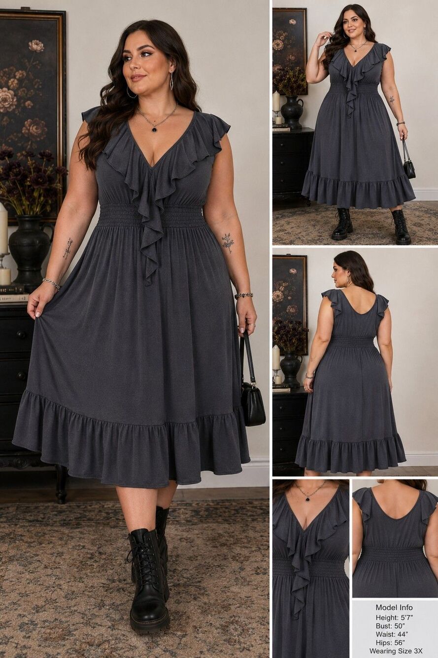 New Derek Heart Dress Women 3X Gray Ruffle Knit Minimalist Romantic Feminine NWT